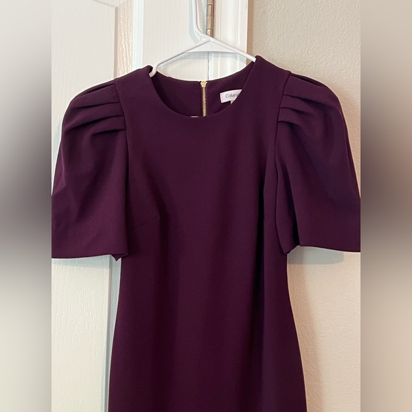 Purple Sheath Midi Dress with Puff Sleeves - Picture 2 of 4